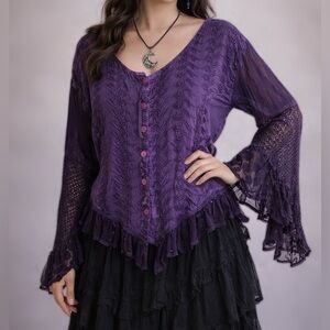 Vtg 90s Rayon Embroidered Sheer Whimsigoth Top OS/L Witchy Fairy Grunge Mesh